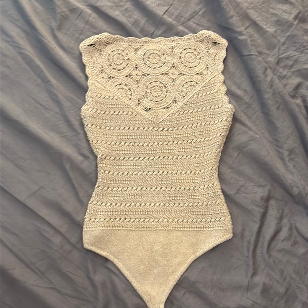 Abercrombie & Fitch Tan Crochet Bodysuit with Floral Lace